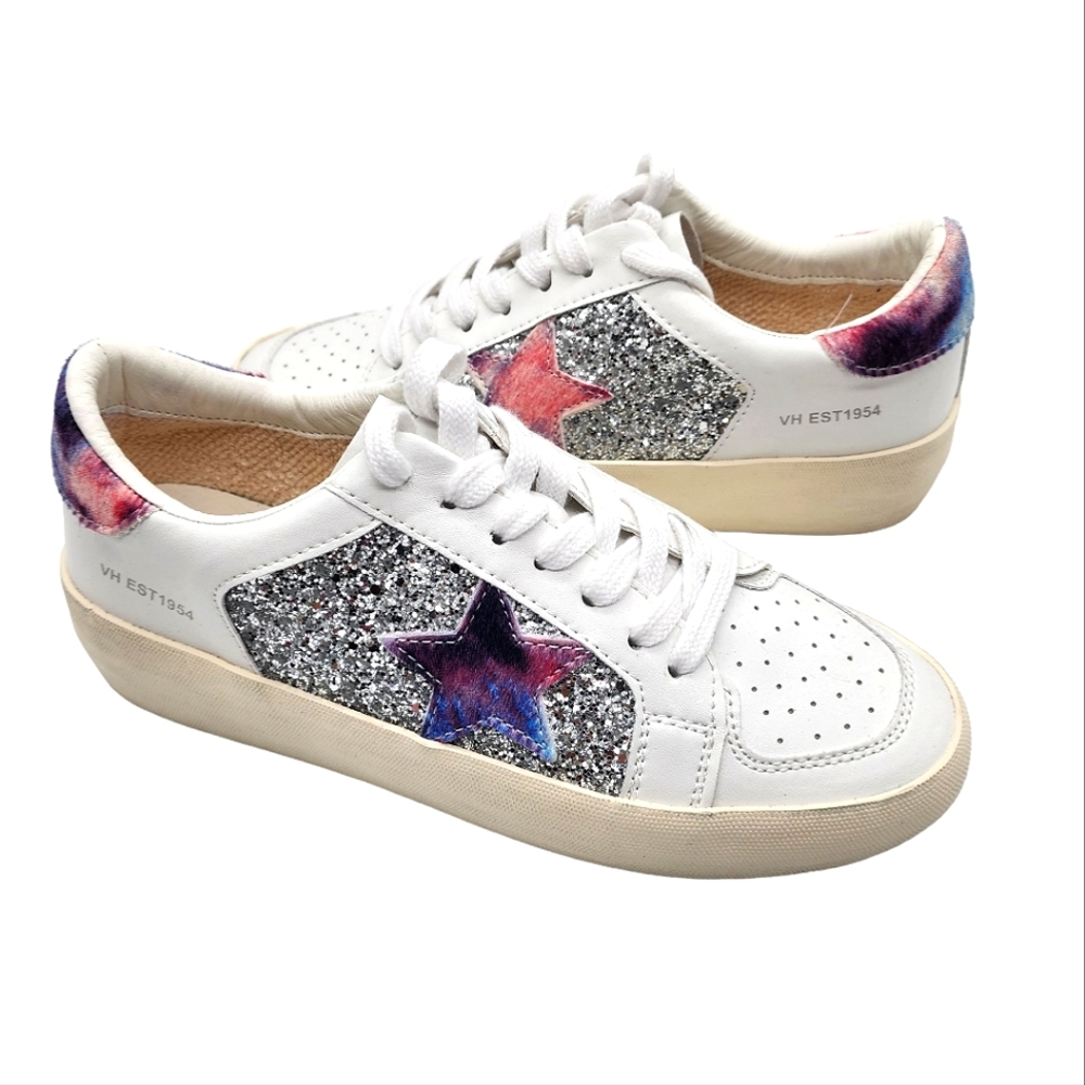 VINTAGE HAVANA White Frosty Glitter Calf‎ Hair-Trim Sneakers Size 7.5